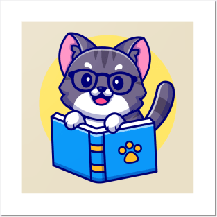 Cute Cat Reading Book Cartoon Posters and Art